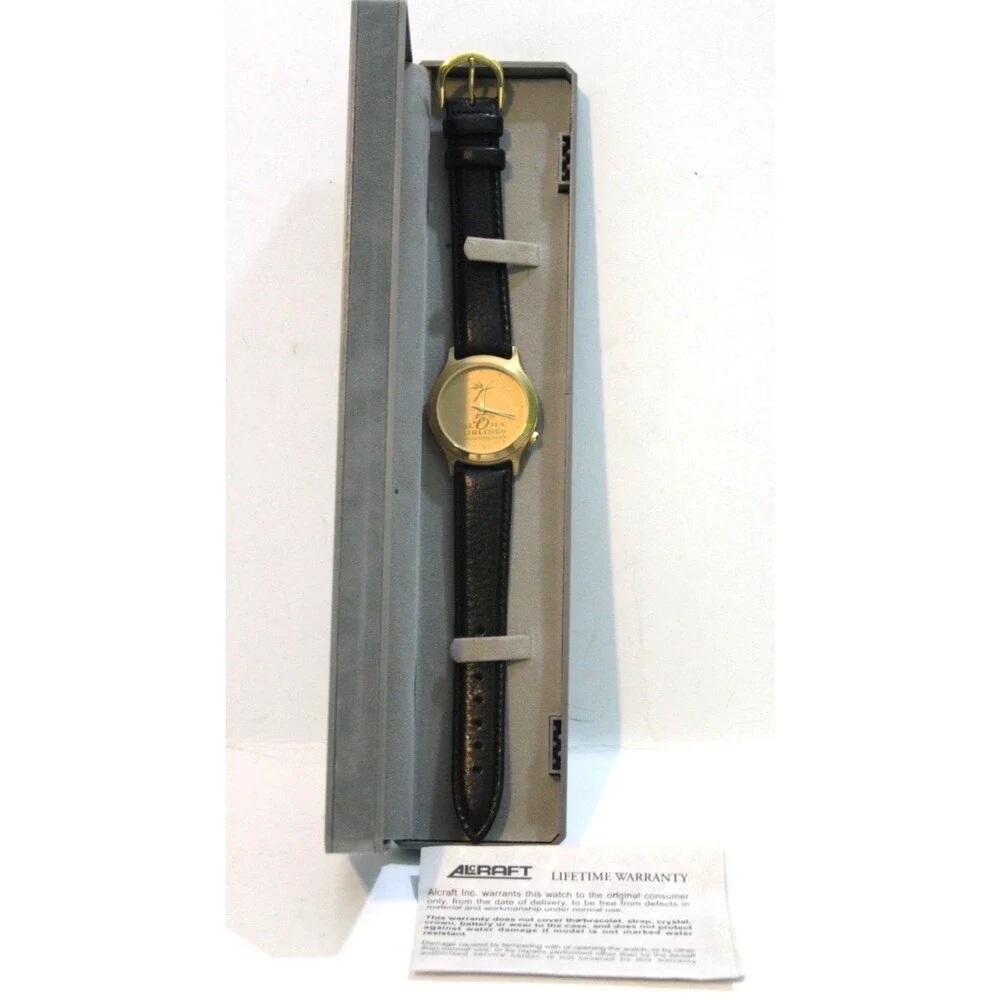 Rare Aloha Airlines Logo 50th Anniversary Vintage Wrist Watch Gold Tone Leather